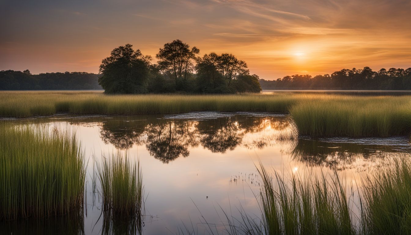 A serene marsh at sunset with abundant wildlife and vegetation. A serene marsh at sunset with abundant wildlife and vegetation.