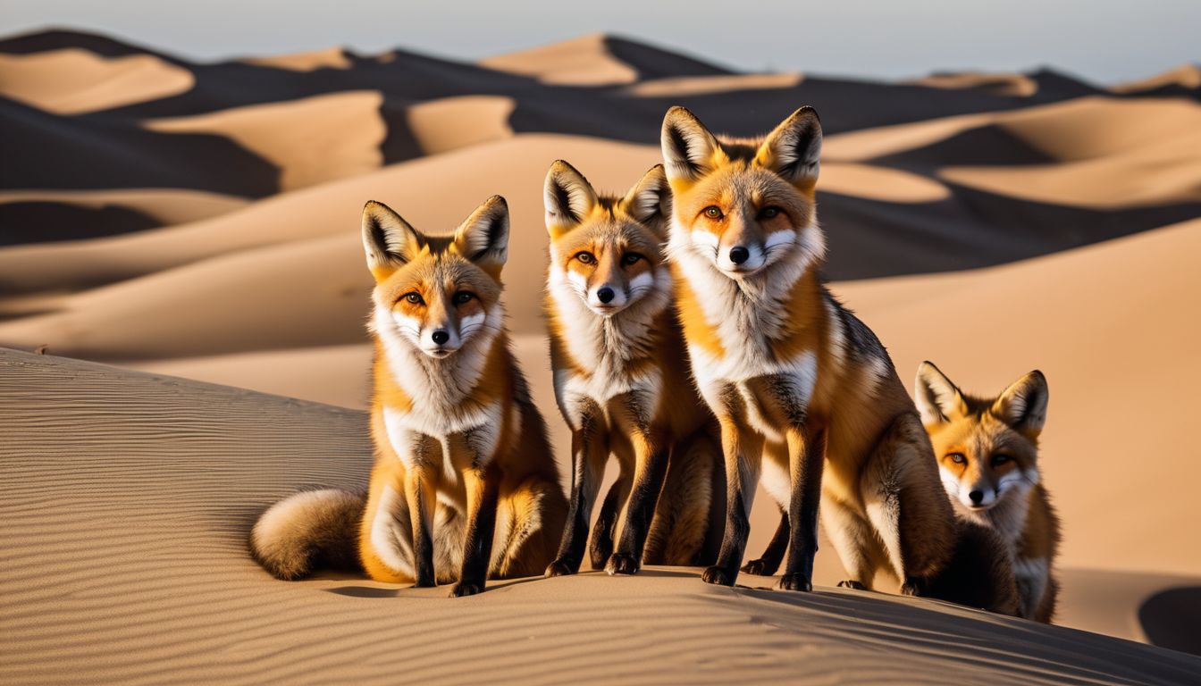 A group of desert foxes in their burrow with sand dunes in the background. A group of desert foxes in their burrow with sand dunes in the background.