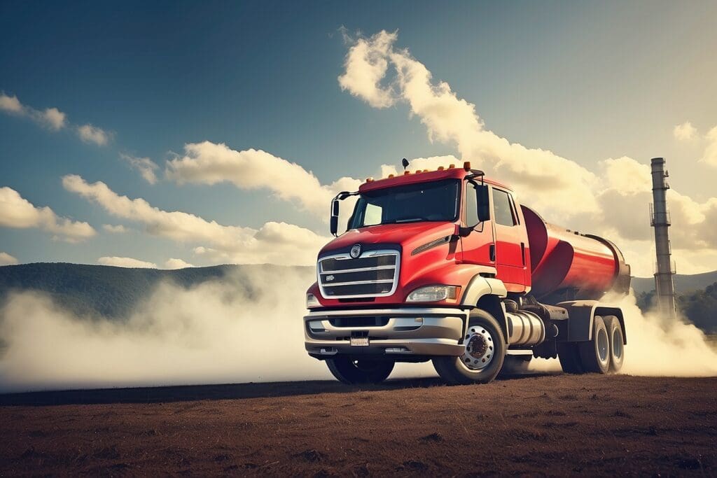 A red truck, powered by a diesel engine, rumbles along a dirt road, sending dust clouds into the air; mountains rise in the distance under a cloudy sky.