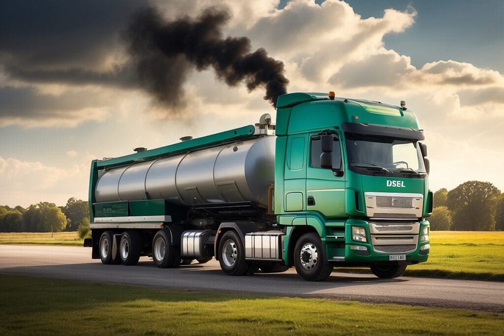 A green diesel tanker truck, powered by diesel engines, emits black smoke as it maneuvers along a rural road under a cloudy sky.