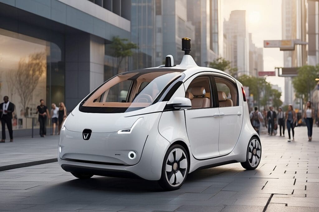 A sleek, white driverless car glides down a city street in daylight, surrounded by modern buildings and a scattering of pedestrians.