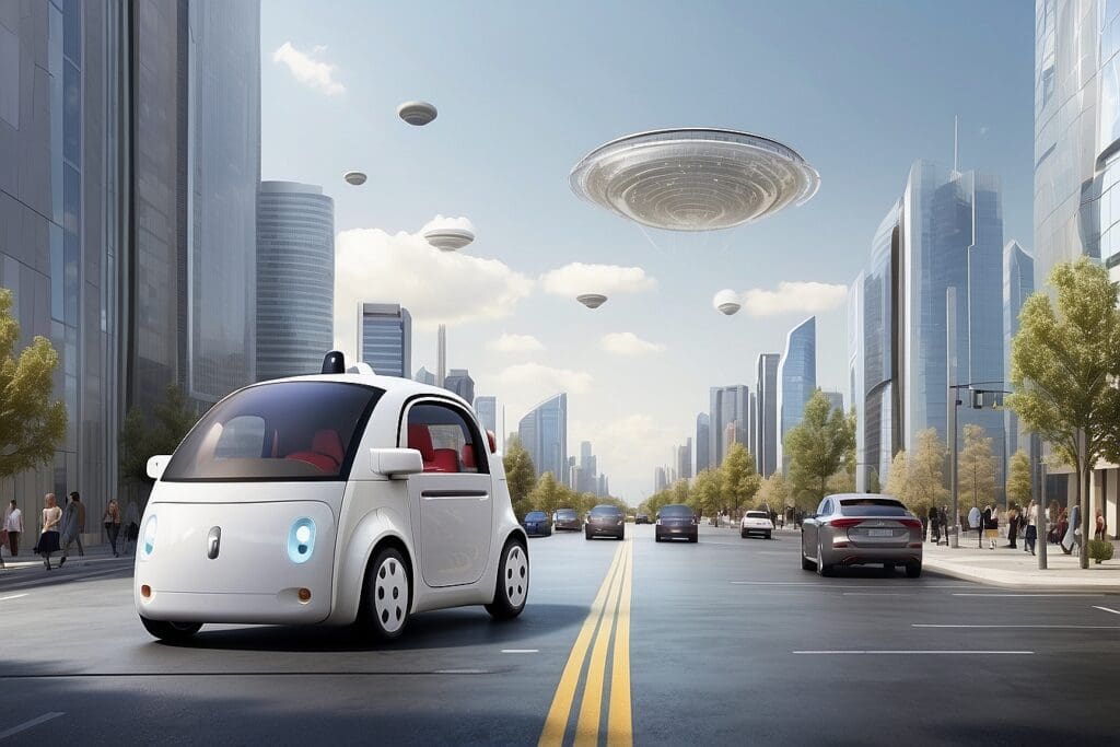 A small driverless car navigates a city street, surrounded by futuristic buildings and hovering UFO-like crafts in the sky.