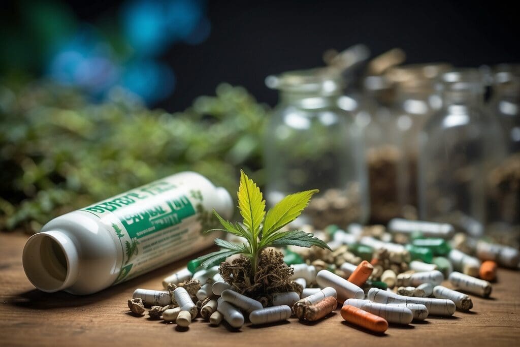 A small plant emerges amid scattered pills and overturned herb jars on a wooden surface, hinting at the delicate balance between nature and drugs, with blurred foliage in the background.