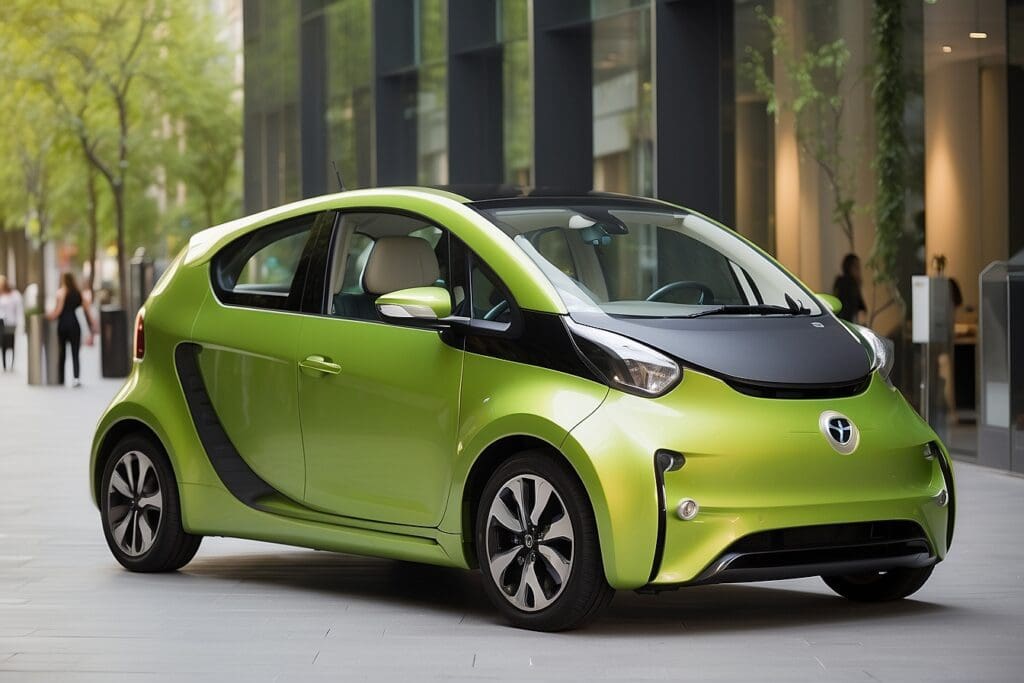 A compact, eco-friendly city car in bright green is parked on a street lined with modern buildings and trees.