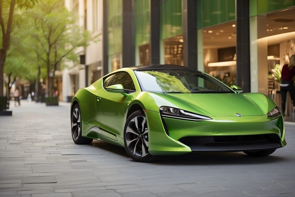 A sleek green electric sports car, a true emblem of eco-friendly cars, is parked on a city street with modern buildings and trees in the background.