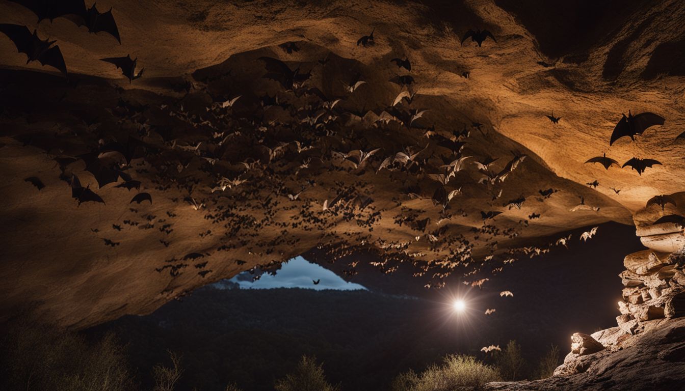 A colony of bats flying out of a cave at dusk. A colony of bats flying out of a cave at dusk.