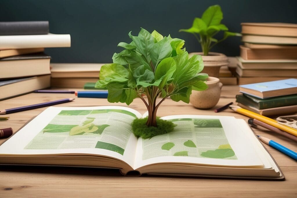 A small tree grows from an open book on a wooden table, surrounded by educational materials like other books, pencils, and a plant in the background.