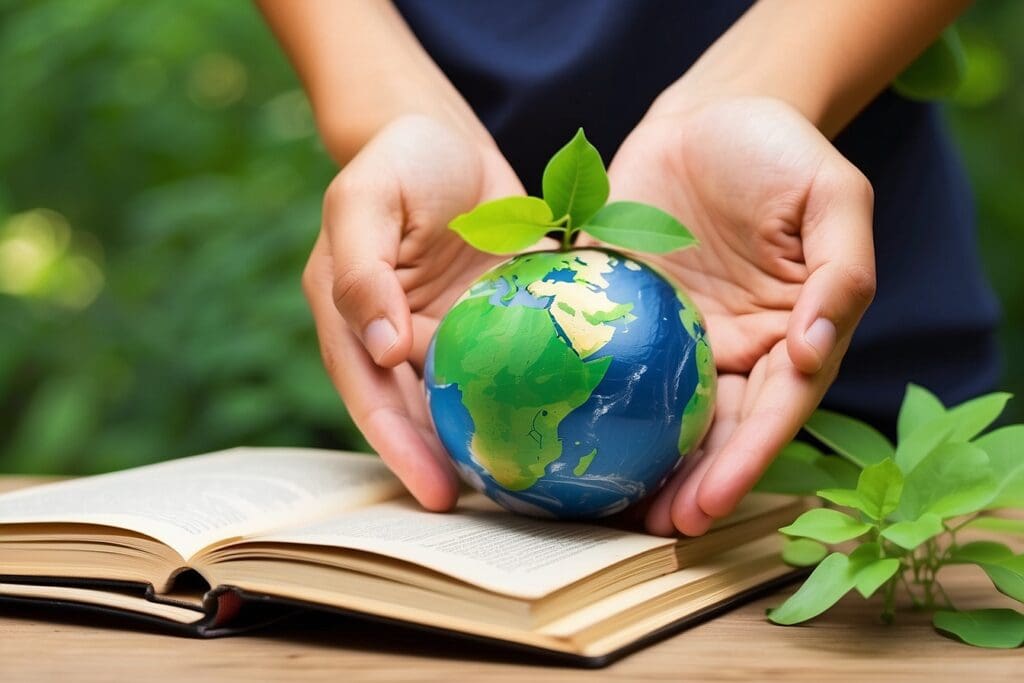 Hands holding a small globe with a plant on top, nestled among educational materials, resting on an open book against a green background.