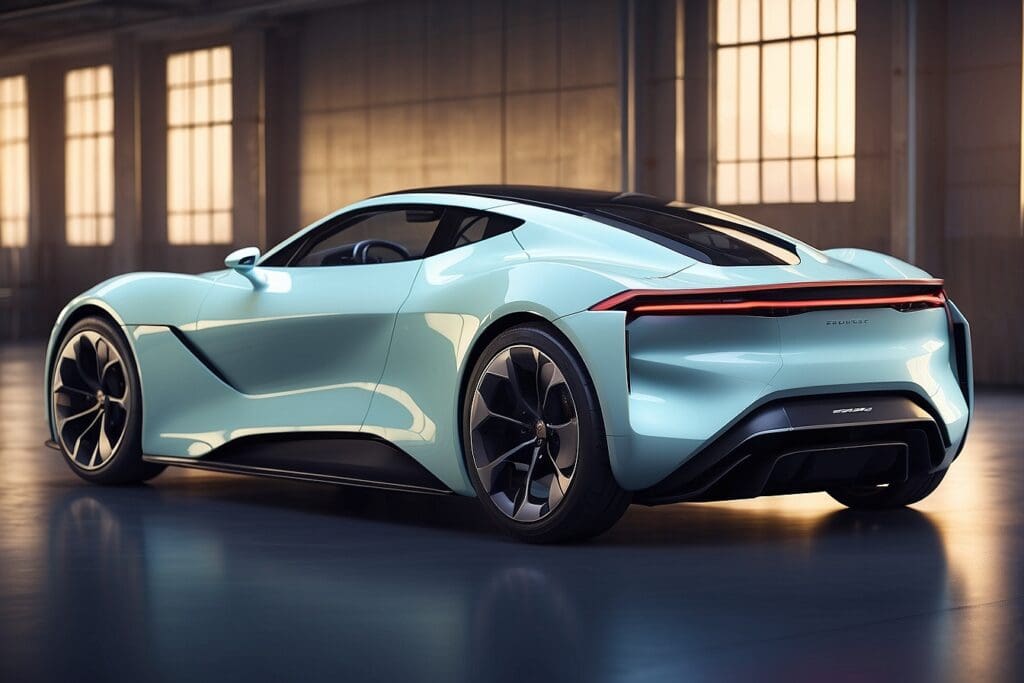 A sleek, futuristic electric sports car with a shiny teal exterior is parked indoors, showcasing its aerodynamic design and large alloy wheels.