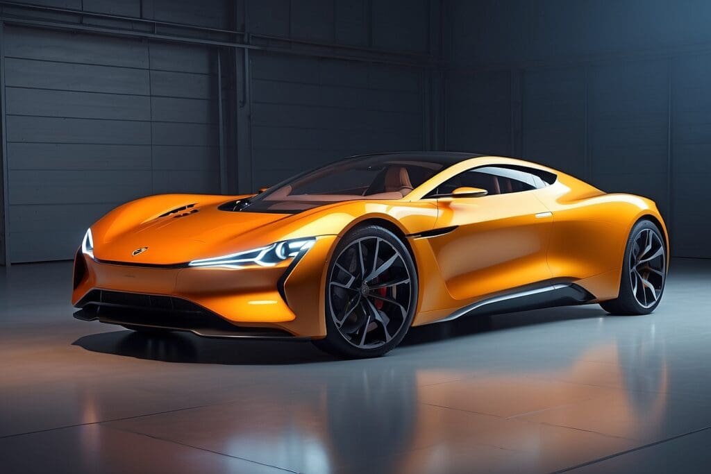 A sleek, orange electric sports car with a low profile and aerodynamic design is parked indoors, under soft lighting.