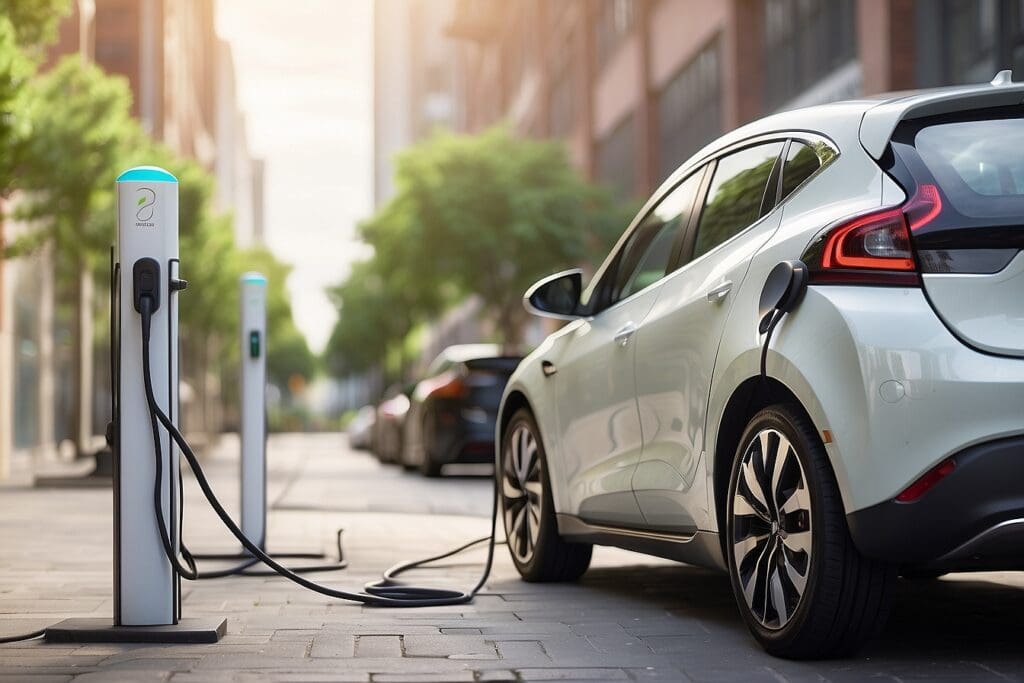 An electric vehicle charges at a station on a city street, framed by lush trees in the background.
