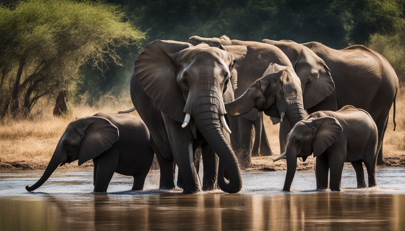 A herd of elephants creating a watering hole in the savannah. A herd of elephants creating a watering hole in the savannah.