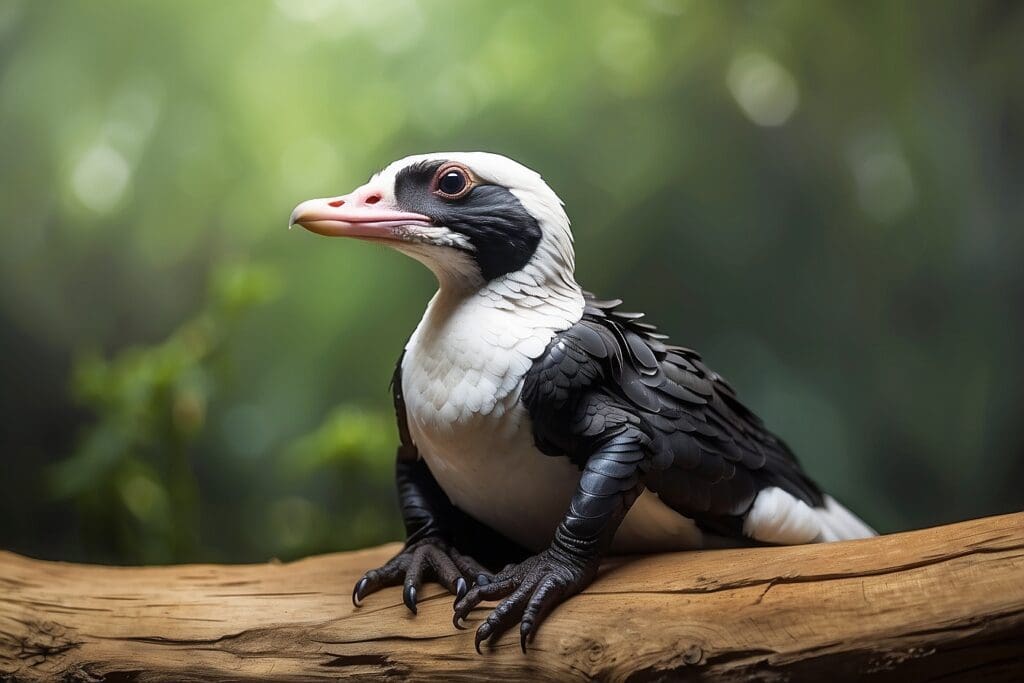 Against a blurred green background, an endangered species with black and white plumage and a pink beak perches gracefully on a tree branch.
