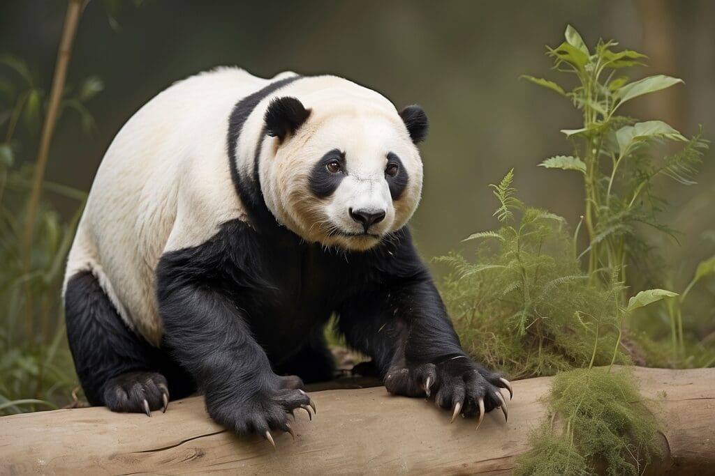A giant panda, an iconic member of the endangered species list, walks along a fallen log surrounded by lush green foliage.