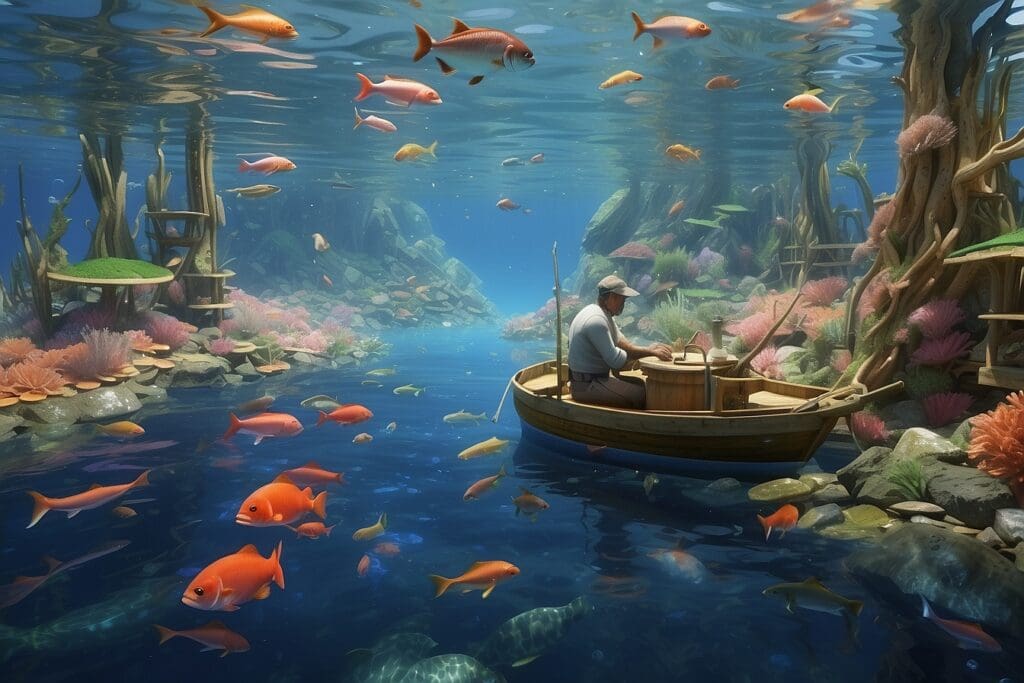 A person in a small boat is surrounded by colorful fish in a vibrant underwater setting, with coral and rocks enriching the scene, reminiscent of an untouched fisheries habitat.