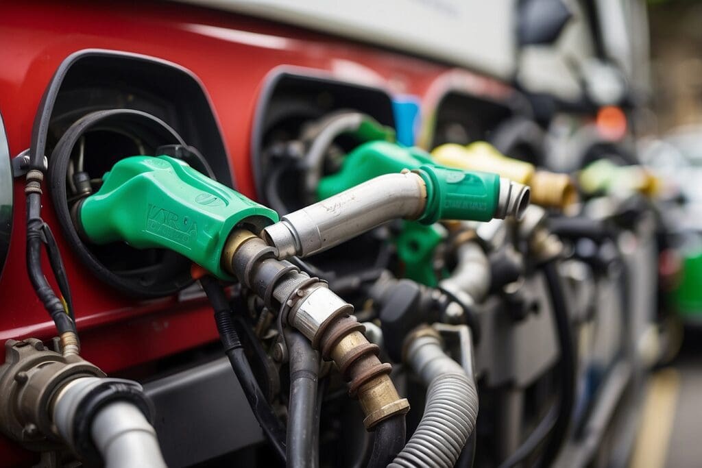 Close-up of multiple fuel nozzles, showcasing their green and silver handles, inserted into a vehicle's fuel tank—an image that highlights considerations of fuel efficiency.