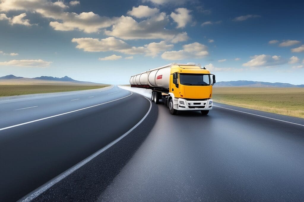 A yellow tanker truck showcases its impressive fuel efficiency as it cruises along a smooth, winding highway under a partly cloudy sky. The landscape is flat and expansive, with distant mountains adding to the scenic route.