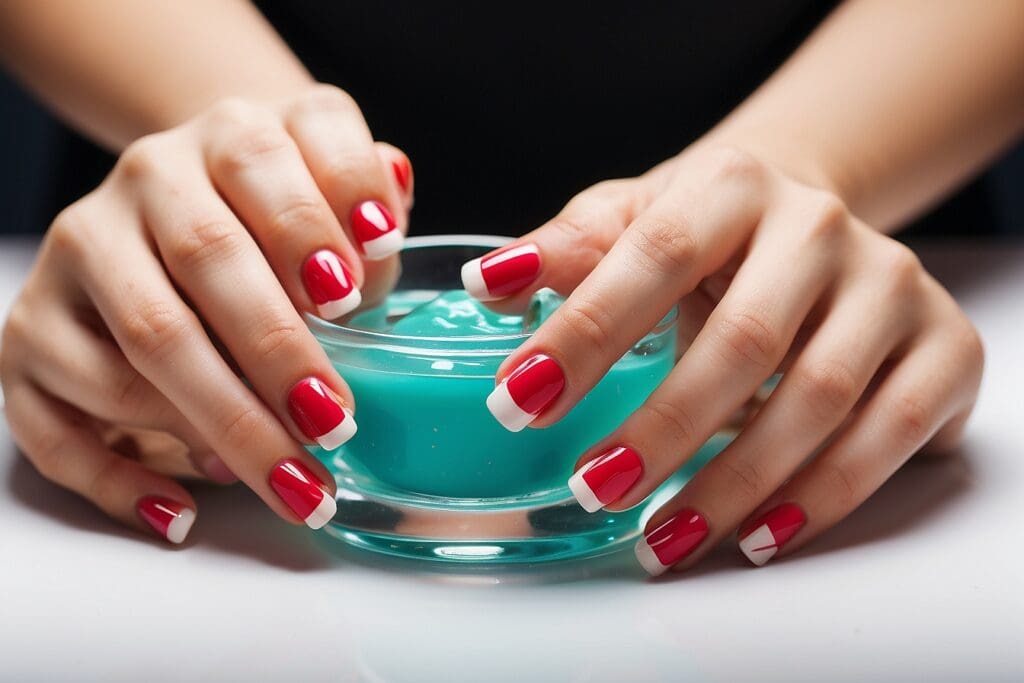 Hands with a red and white French manicure, enhanced by gel nail polish, hold a clear glass bowl filled with blue liquid, set gracefully on a pristine white surface.