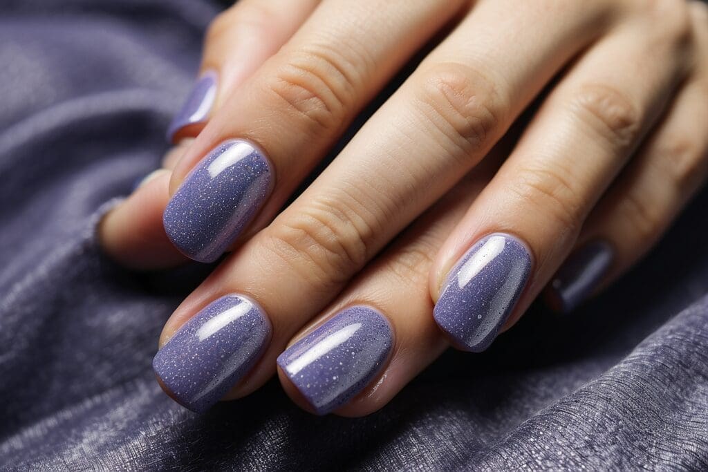A hand with neatly manicured nails features a glossy purple gel nail polish, resting elegantly on a textured purple fabric.