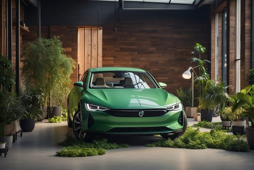 A green car from one of the innovative automotive startups is parked indoors, surrounded by various potted plants in a well-lit wooden room.