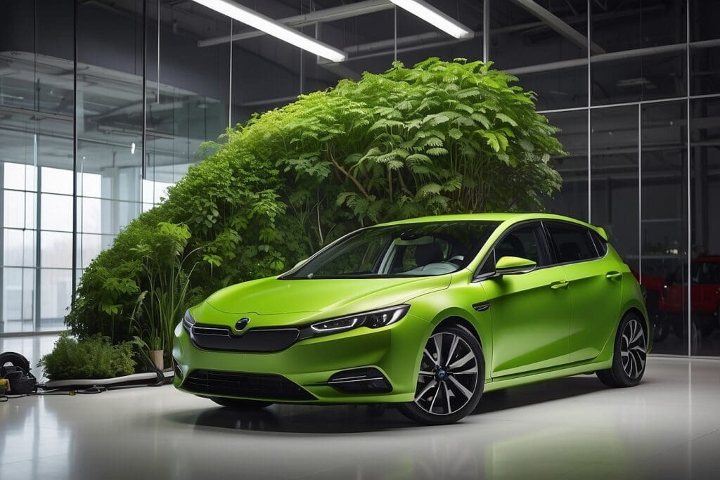 A pioneering example of green automotive startups, this green car is parked indoors near a large green plant under bright white lighting.
