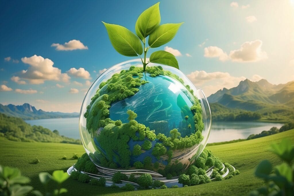 A small globe encased in a protective glass sphere sits on a grassy field, topped with green leaves, under a blue sky with mountains and a lake—mirroring the sustainable promise of green bonds.