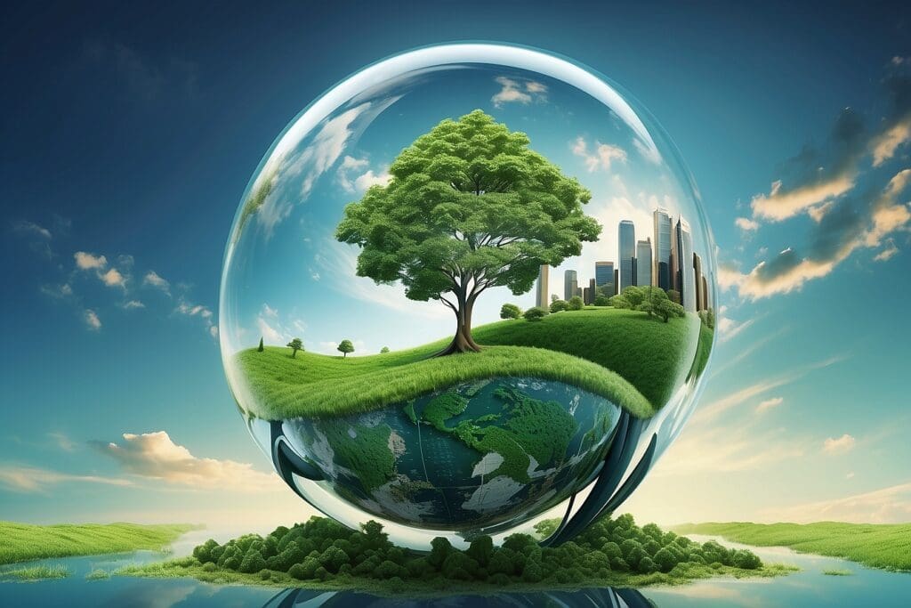 A tree and cityscape are enclosed in a transparent sphere, symbolizing environmental protection through initiatives like green bonds, with lush greenery and a blue sky in the background.