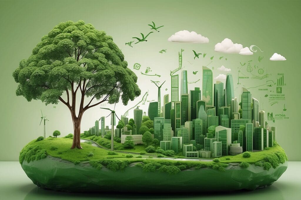 Image of a tree and a cityscape with skyscrapers, greenery, and eco-icons on a green platform, symbolizing sustainable urban living, environmental harmony, and innovative green business models.