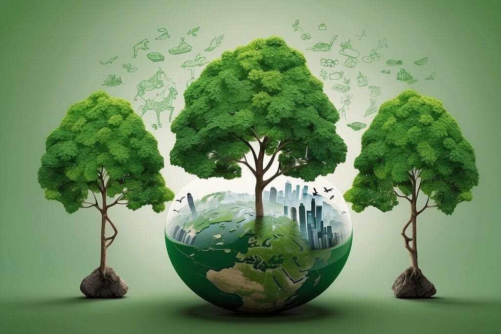 Three trees emerging from a split globe, with a city skyline and wildlife illustrations in the background on a green gradient, symbolize innovative Green Business Models fostering harmony between urban growth and nature.