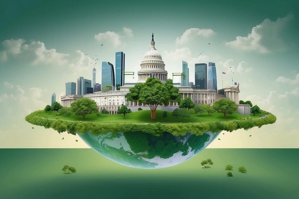 A floating landscape combines a classical government building with modern skyscrapers, surrounded by greenery and trees representing green businesses, over a half-globe Earth background.