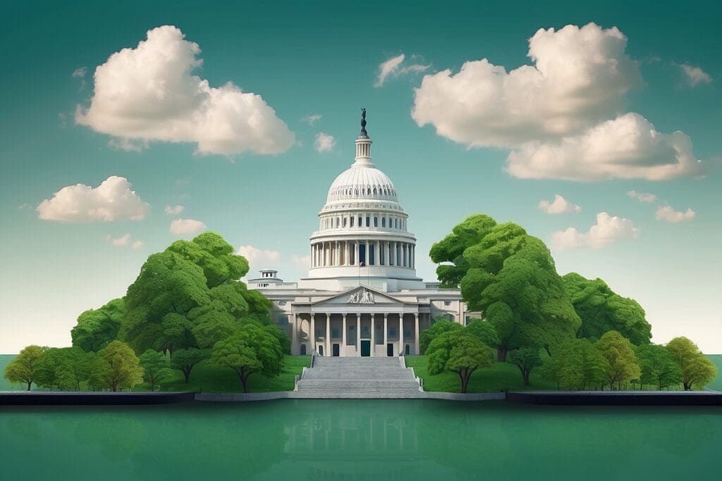 The U.S. Capitol building, a symbol of governance, stands majestically surrounded by trees that take inspiration from green businesses. Its image reflects in the serene water below, under a sky adorned with scattered clouds.