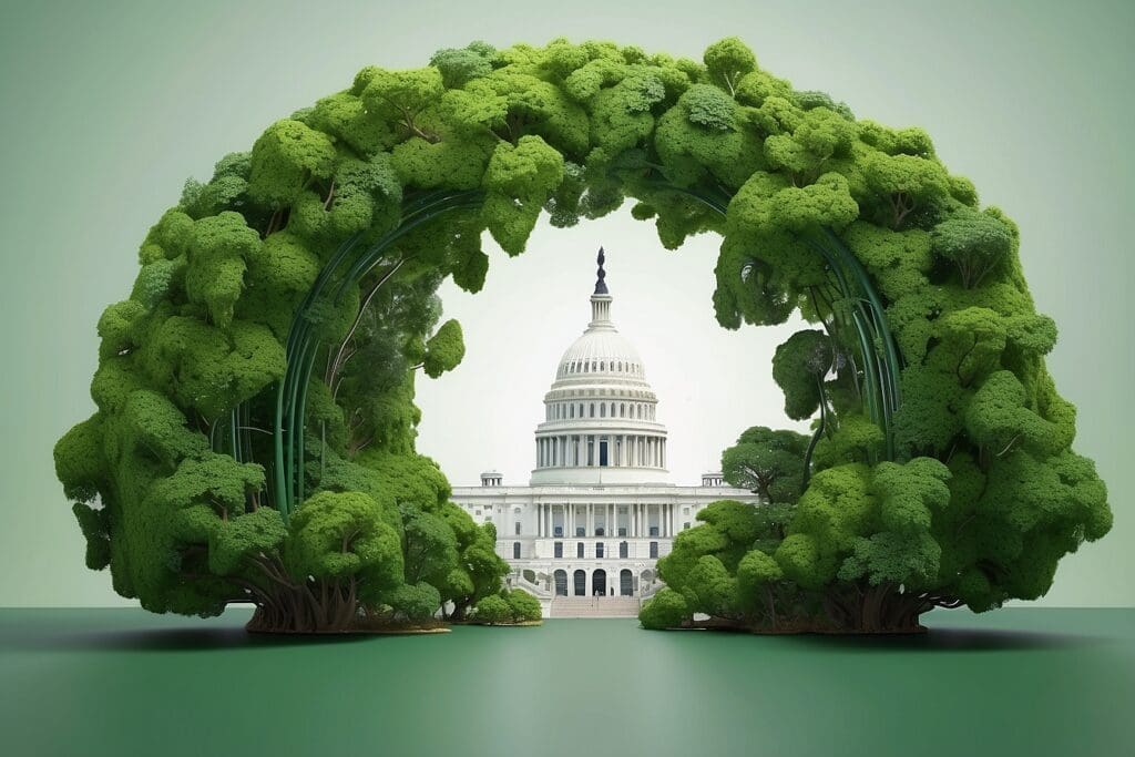 The U.S. Capitol building framed by an arch of lush, green broccoli offers an imaginative nod to vibrant green businesses thriving in the heart of the nation.