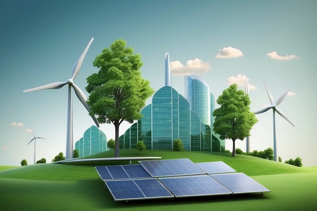A futuristic cityscape featuring wind turbines, solar panels, and skyscrapers embodies green energy solutions, set amidst lush trees on a grassy hill under a clear blue sky.