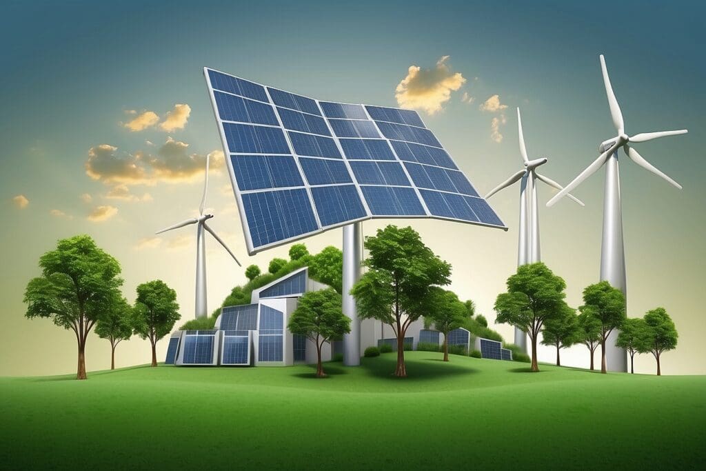 Solar panels and wind turbines, shining examples of Green Energy Solutions, adorn a grassy hill surrounded by trees under a blue sky with clouds.
