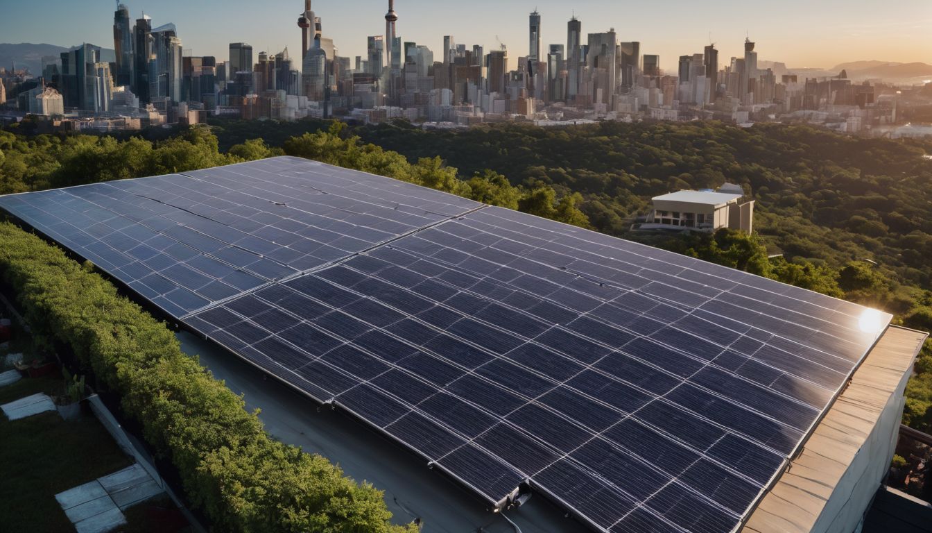 Solar panels on a commercial building's rooftop with greenery. Solar panels on a commercial building's rooftop with greenery.