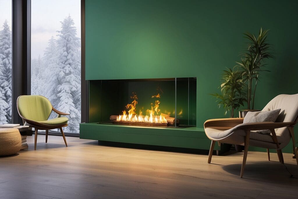 The living room features a green fireplace, complemented by two chairs against a lush wall. Large windows frame the snowy landscape outside, creating a serene yet cozy atmosphere.