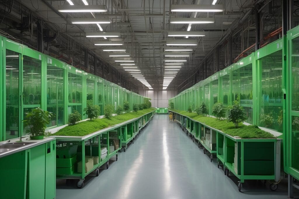 The expansive greenhouse interior, a beacon of green manufacturing, features rows of vibrant plants thriving under meticulously controlled artificial lighting.