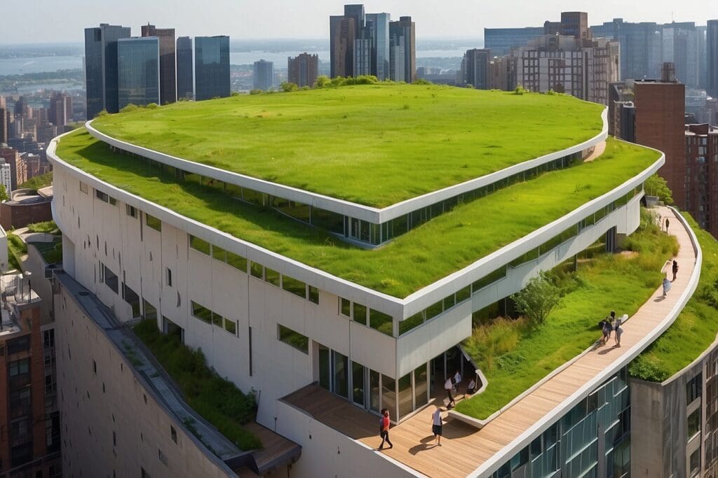 A multi-story building with an eco-friendly green rooftops terrace and walking path, set against a cityscape background with tall buildings.