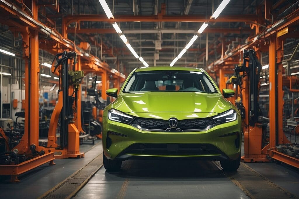 A green car glides along the assembly line inside an industrial factory, seamlessly integrated into the automotive supply chain with orange machinery flanking both sides.