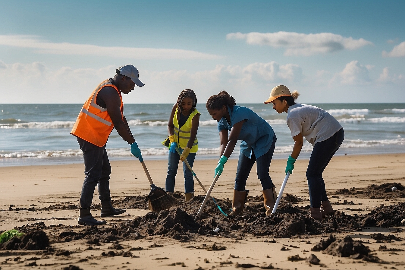 About Greeniacs: Four dedicated individuals wearing gloves and reflective vests are cleaning up a sandy beach with rakes and trash bags under a clear blue sky.