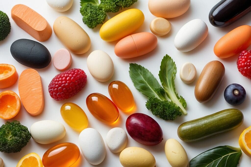 A colorful assortment of vitamins, pills, capsules, fruits, and vegetables lays on a white background, painting a vibrant picture of health.
