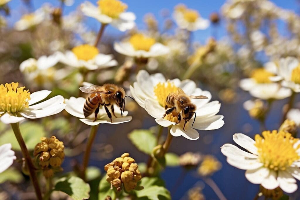 Two honey bees gather nectar from white and yellow flowers on a sunny day.