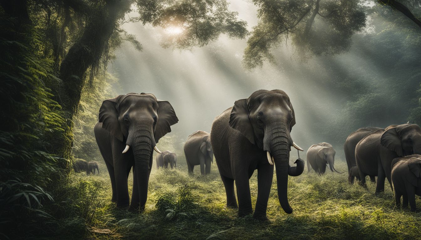 A herd of elephants grazing in the rainforest captured in high-quality photography. A herd of elephants grazing in the rainforest captured in high-quality photography.