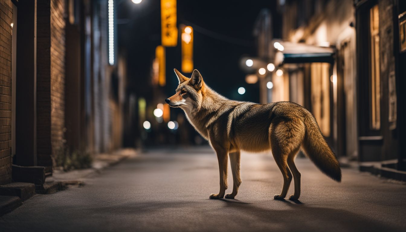 A coyote roaming an urban street at night, captured in high-definition. A coyote roaming an urban street at night, captured in high-definition.