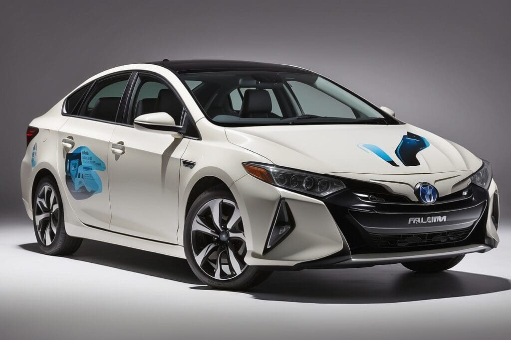 A white hybrid sedan, adorned with blue graphics on the doors, sits parked in a studio setting. This eco-friendly vehicle offers a stylish way to reduce your carbon footprint.