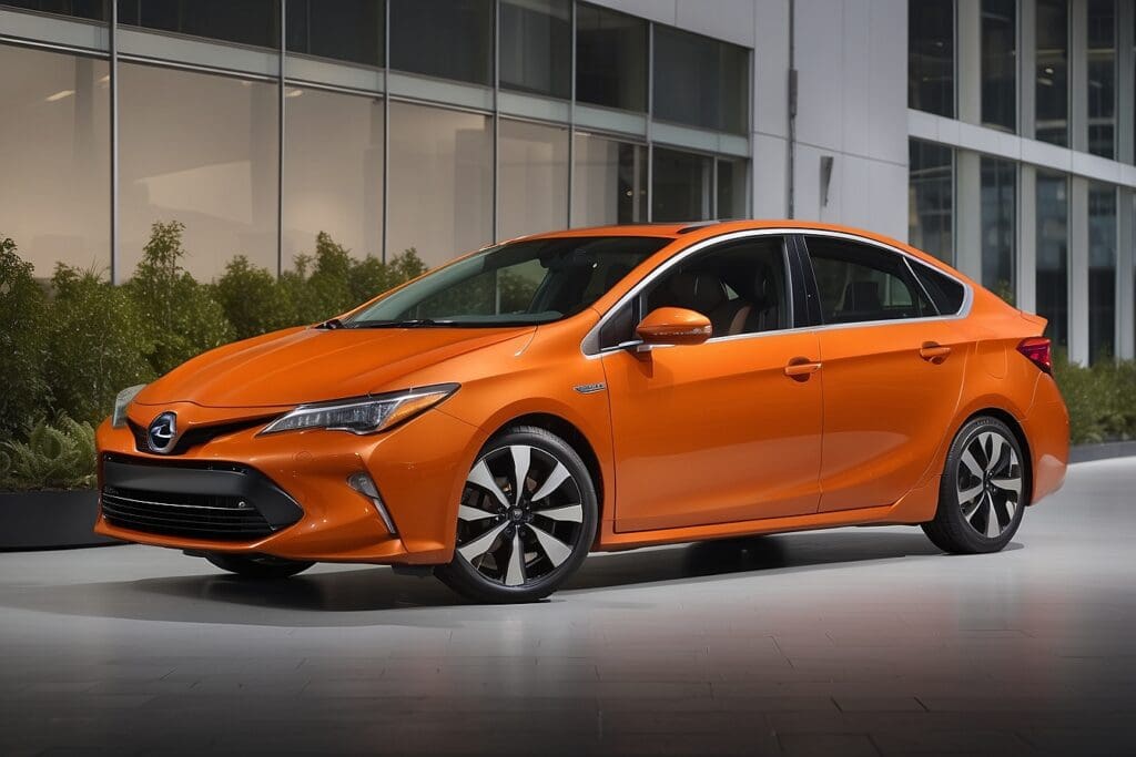 An orange sedan, efficient and mindful of its carbon footprint, is parked in front of a modern building with large windows.