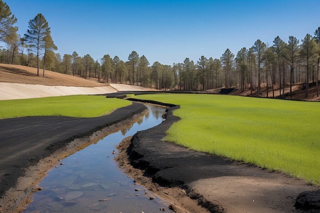A small stream winds through a lush green grass field, enhanced by the hydromulch process, and surrounded by trees under a clear blue sky.