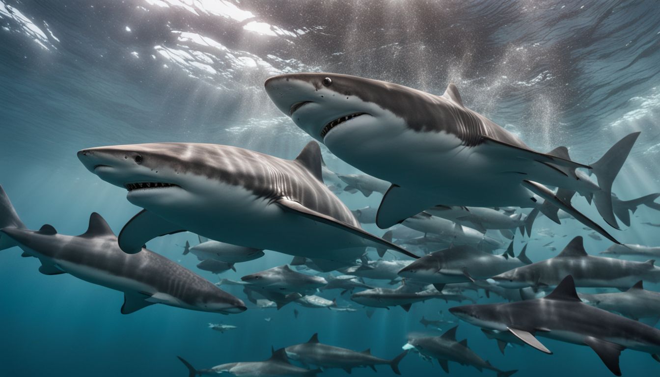 A school of sharks swimming among a variety of fish in the sea. A school of sharks swimming among a variety of fish in the sea.
