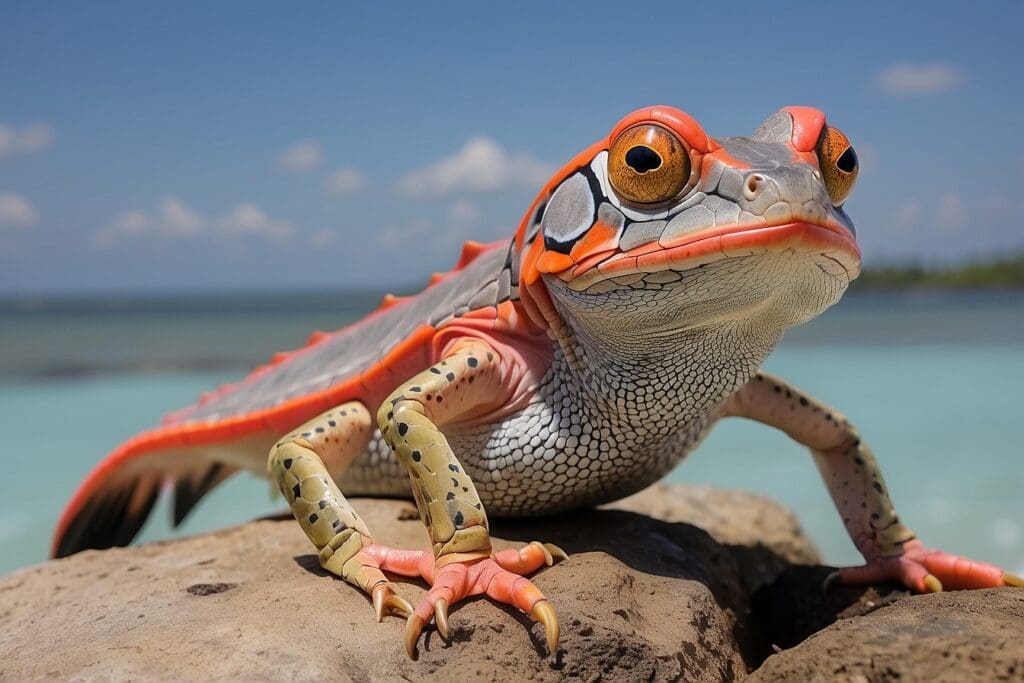 Close-up of a colorful, cartoon-style lizard with exaggerated orange and gray features, standing on rocks as an indicator species in a blurred ocean backdrop.