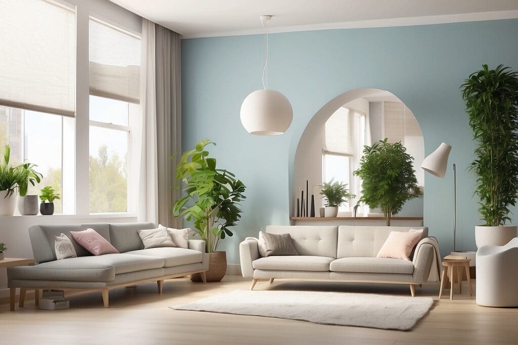 A modern living room with two beige sofas, several green plants enhancing indoor air quality, a large pendant light, and a blue accent wall with an archway. Sunlight filters through large windows with sheer blinds.